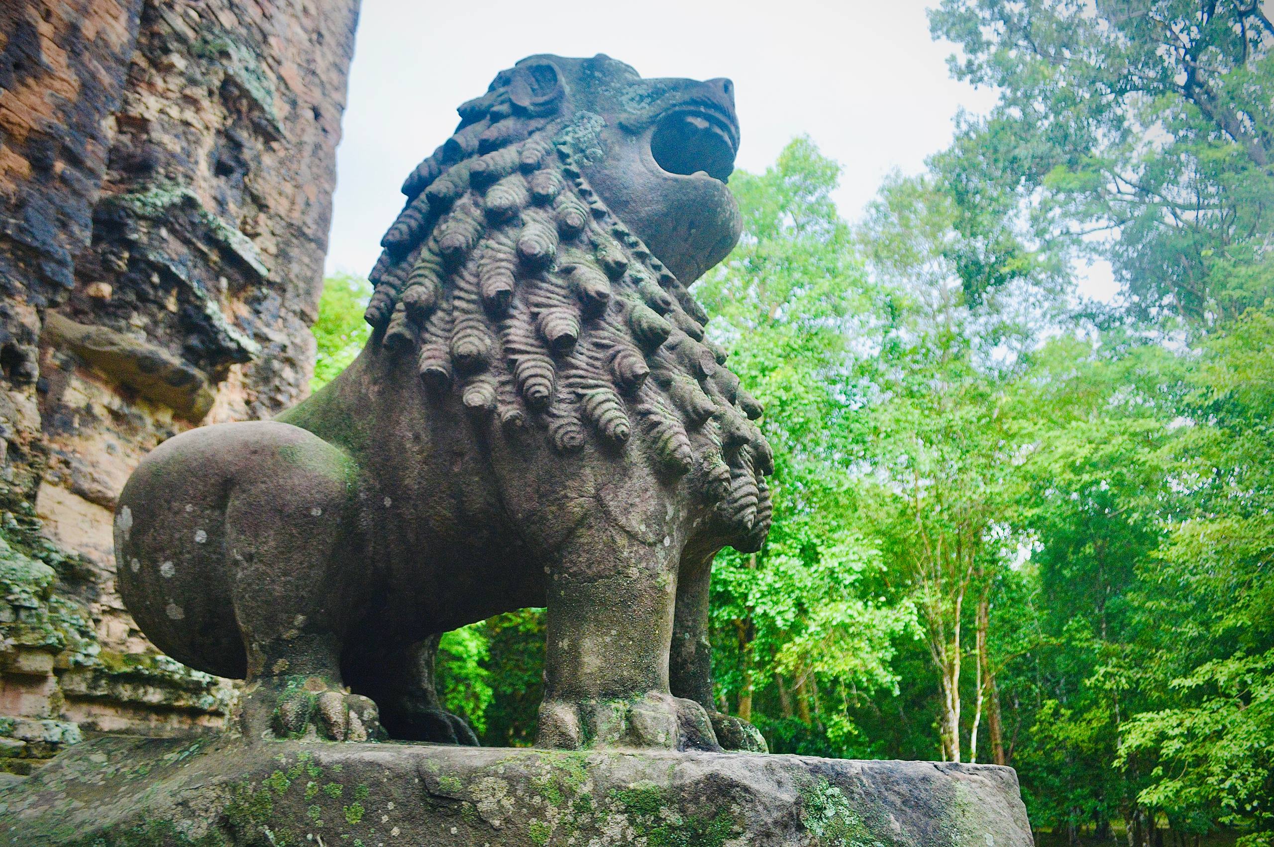 Ancient guardian lion statue standing watch over the sacred ruins of Sambor Prei Kuk Temple.