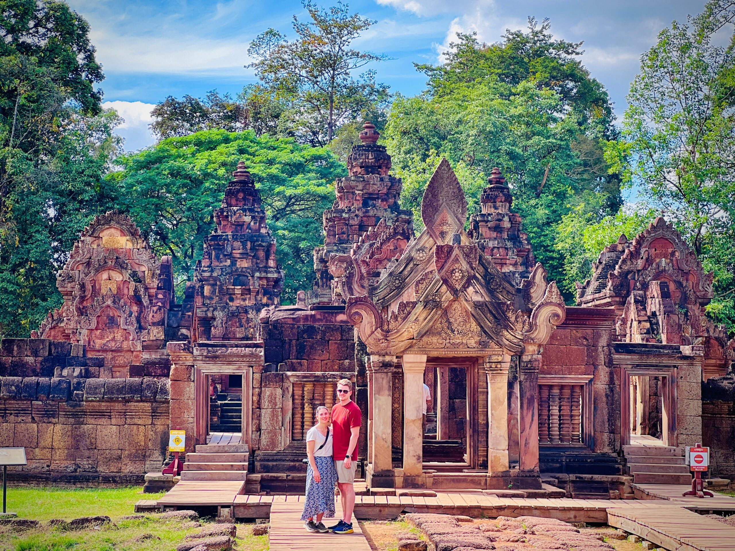 Intricate pink sandstone carvings make Banteay Srei one of the most beautiful and finely decorated temples in Cambodia.